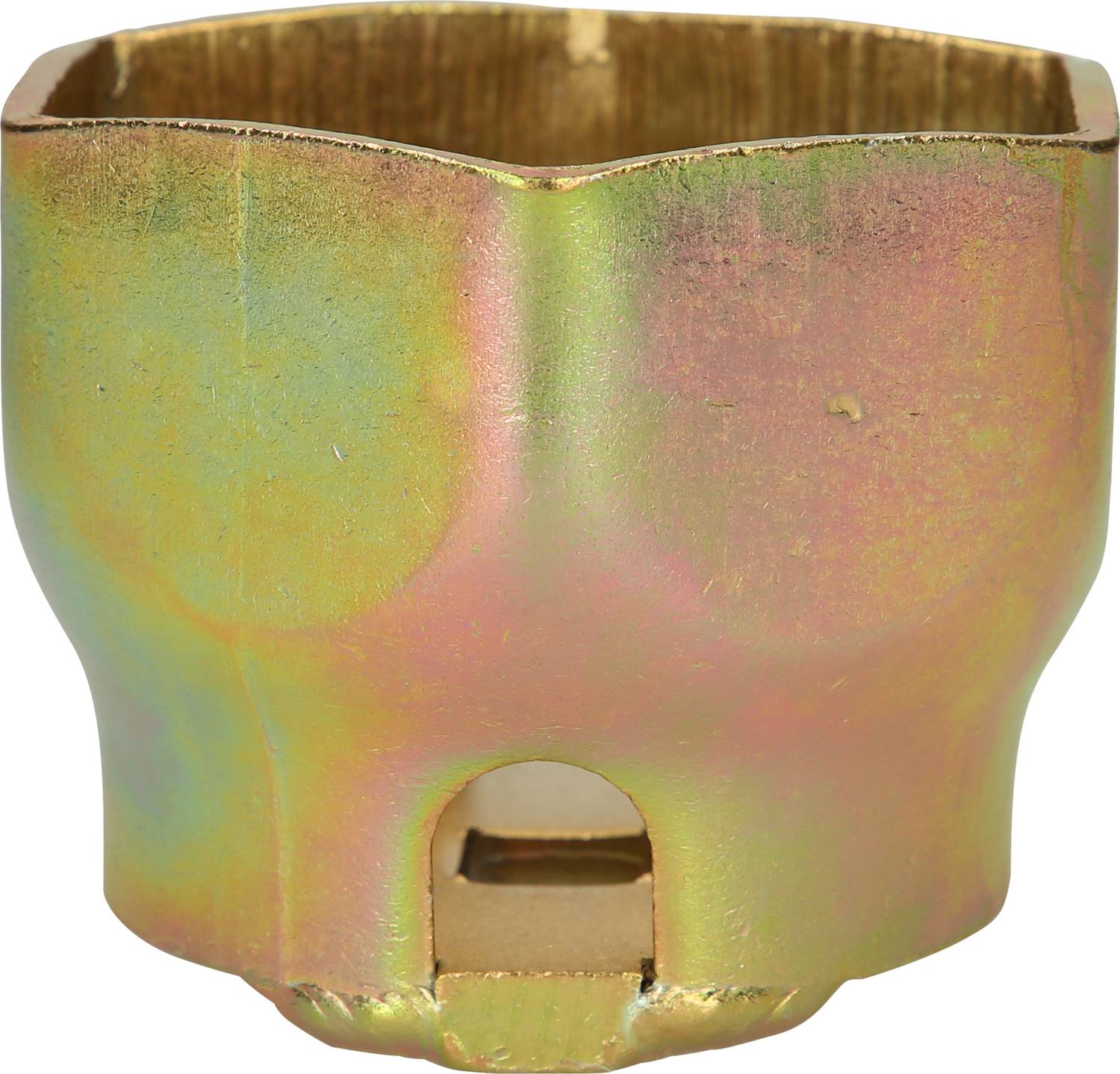 Metalowa osłona ochronna, prawdopodobnie element narzędzia lub urządzenia, lśniąca tęczowymi kolorami, funkcjonalna, bez napisu.