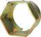 Metalowa nakrętka o sześciokątnym kształcie wykonana z materiału w kolorze złota, częściowo utleniona.