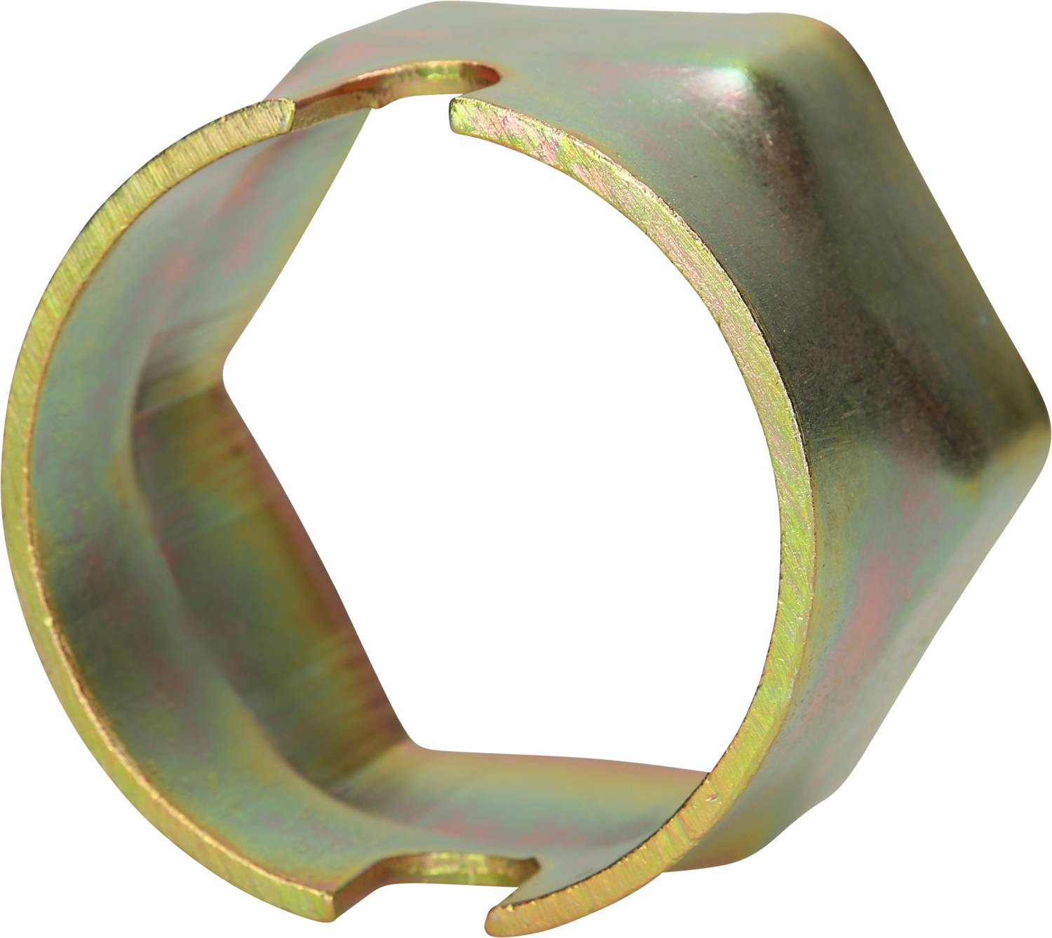 Brązowy, sześciokątny kawałek metalu. Ma kształt otwarty, rurowy, z wąską krawędzią.