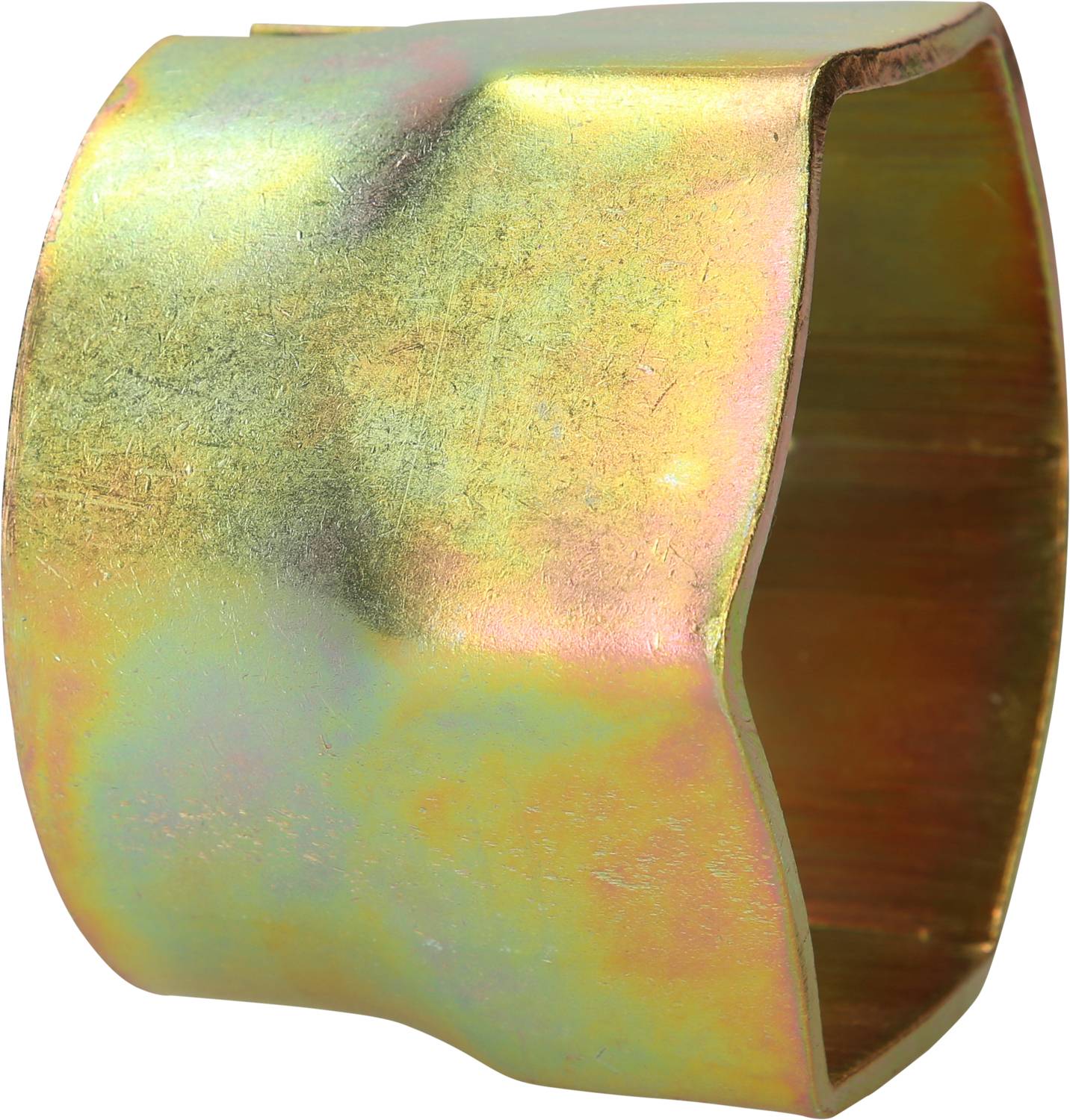 Metalowa klipsa o nieregularnym kształcie i połyskującym, złotym odcieniu. Używana do mocowania obiektów cylindrycznych.