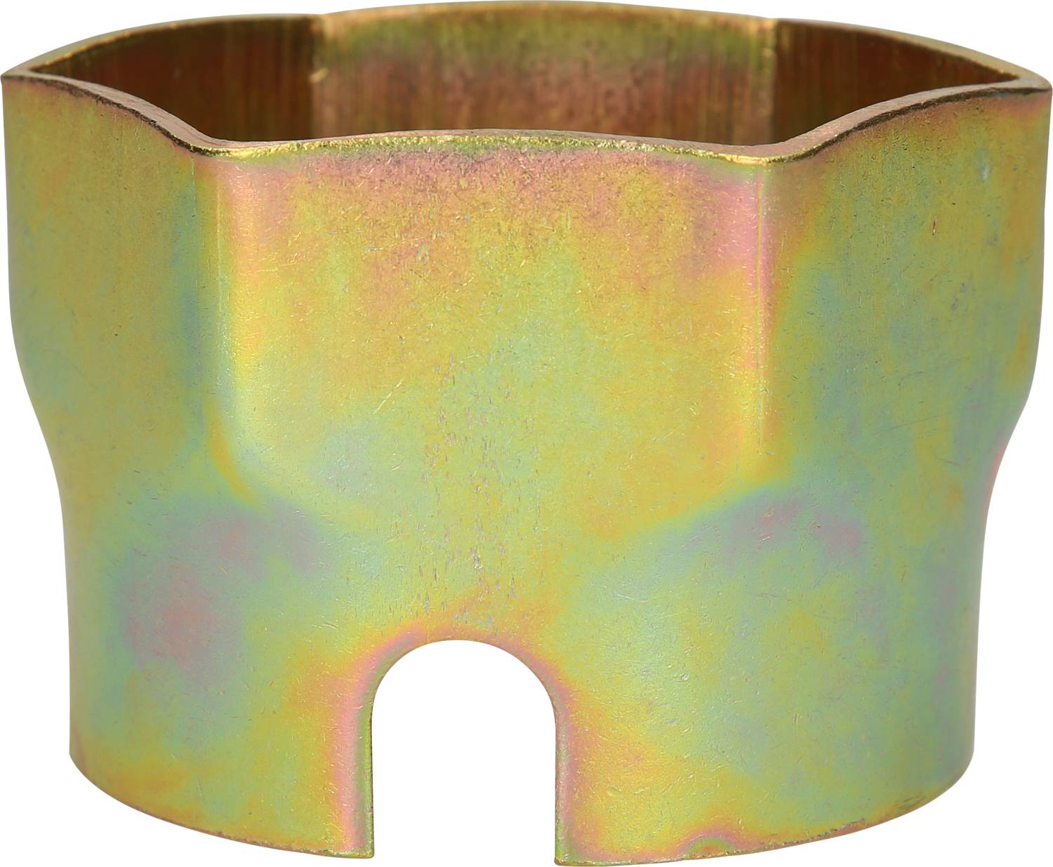 Złoty metalowy cylinder o falistej krawędzi, stosowany jako nasadka narzędziowa do specjalnych zastosowań mechanicznych.