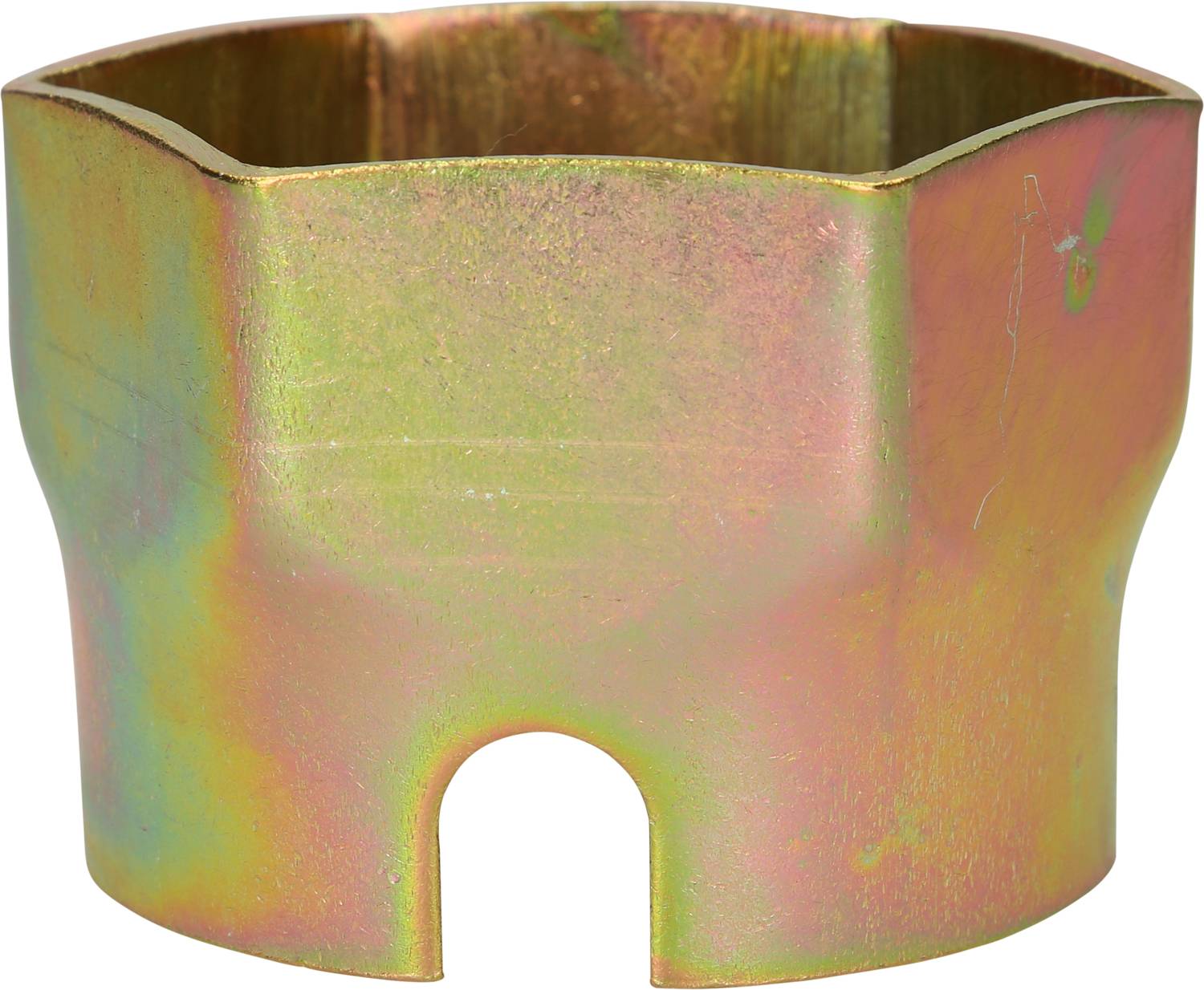 Metalowa tuleja o sześciokątnym kształcie z rowkiem od spodu, błyszcząca w kolorach tęczy.