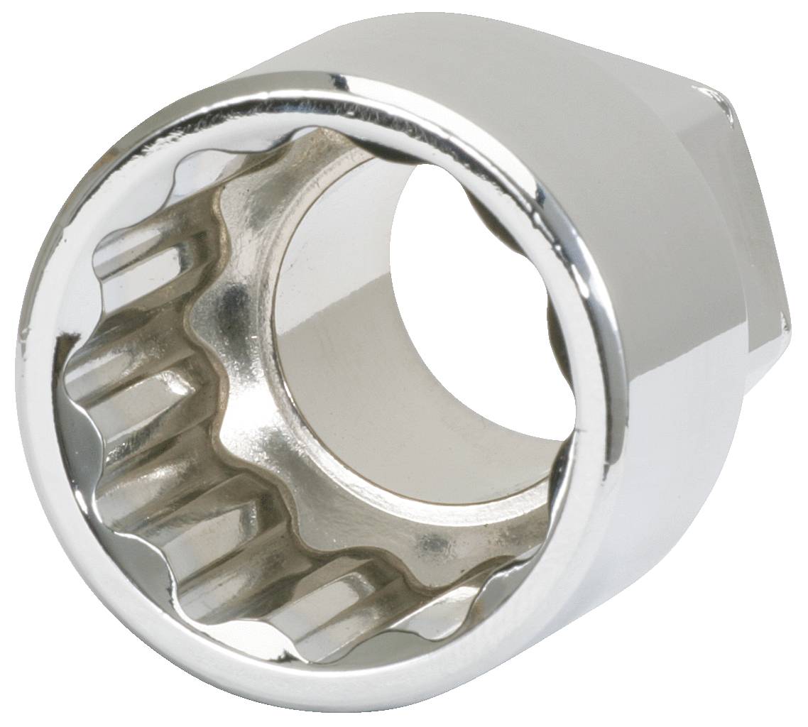 Srebrny metalowy nasadowy klucz zapadkowy o dwunastu zębach i sześciokątnym kształcie zewnętrznym, przeznaczony do stosowania z kluczem dynamometrycznym.