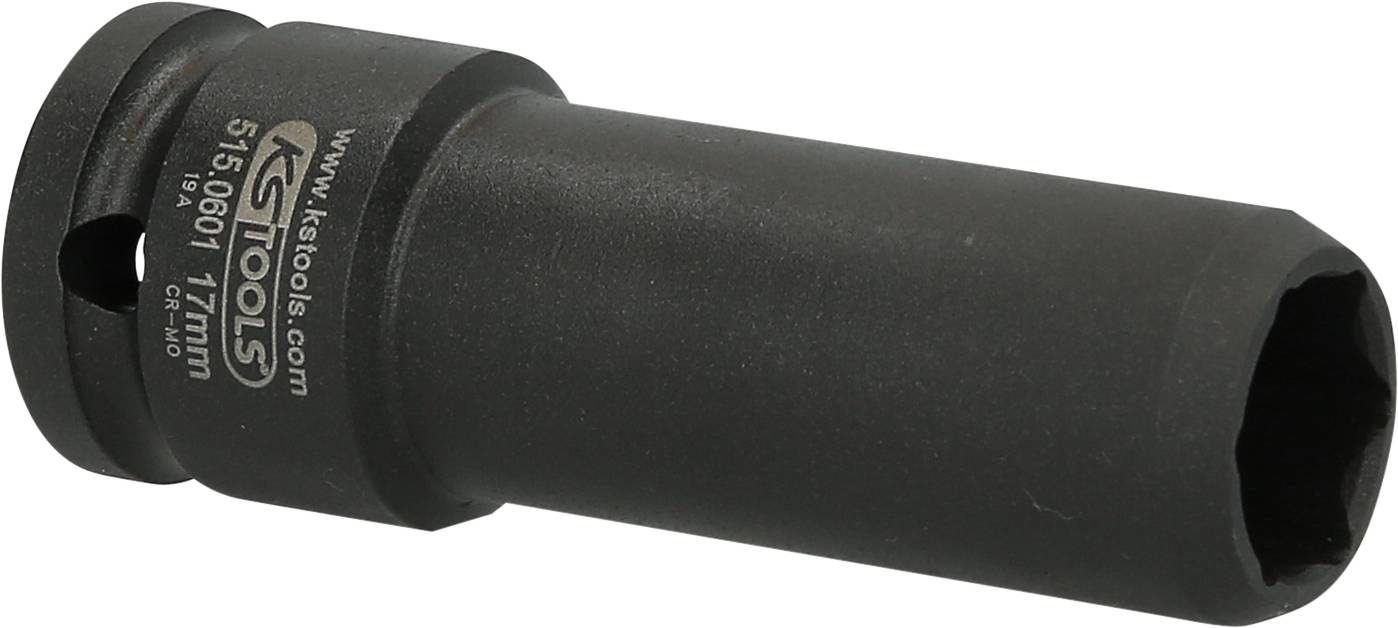 Czarny klucz udarowy z napisem 'KS Tools 515.601 17MM', przeznaczony do napędu 1/2 cala, charakteryzuje się solidną budową i materiałem.
