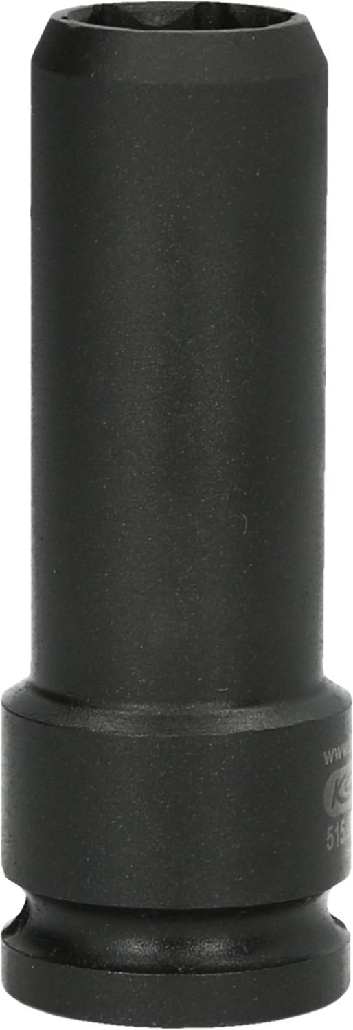 Czarny, cylindryczny element metalowy, prawdopodobnie nasadka narzędziowa lub adapter, na białym tle.