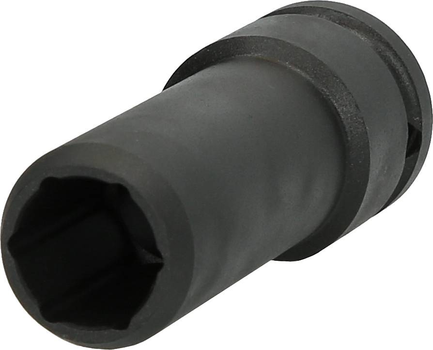 Czarny metalowy adapter klucza. Kształt cylindryczny z sześciokątnym otworem na jednym końcu i rowkowaną powierzchnią.