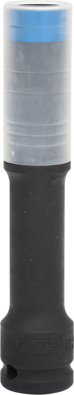 Czarna nasadka udarowa z niebiesko-szarą górną częścią, o kształcie cylindrycznym, często stosowana w połączeniu z kluczami udarowymi.