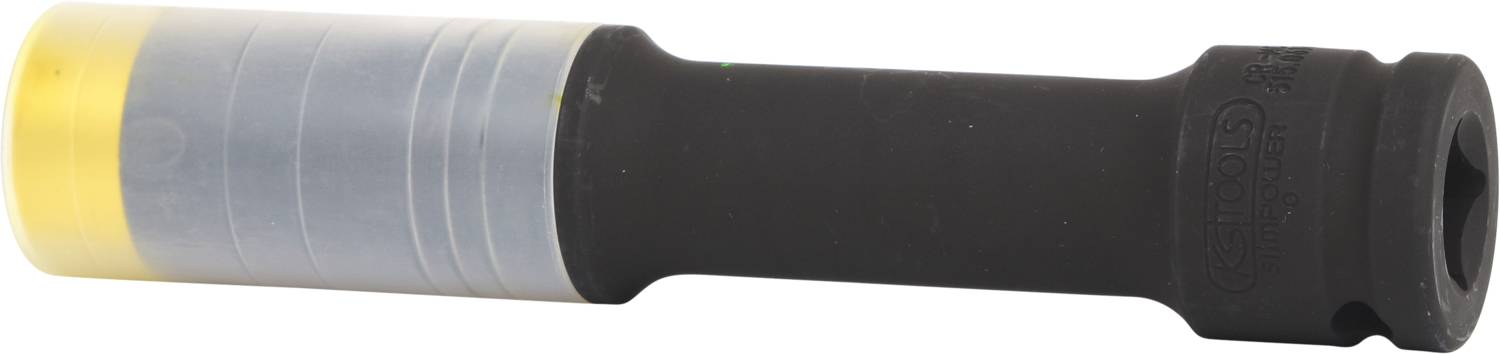 Czarna nakrętka z żółtymi i srebrnymi oznaczeniami po prawej stronie. Jest często stosowana w zestawach narzędziowych.