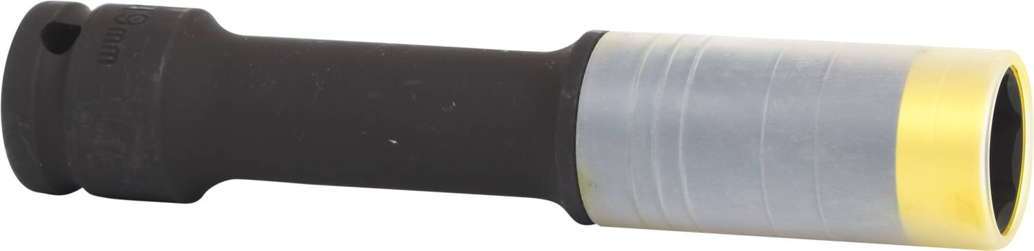 Czarny przyrząd warsztatowy z szaro-żółtym zakończeniem, który prawdopodobnie służy jako nasadka klucza.