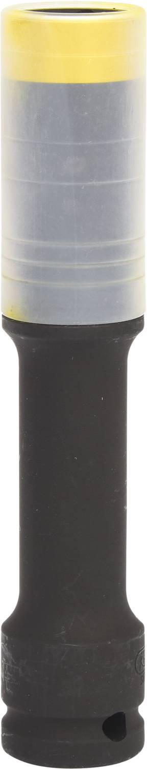 Czarno-szary cylindryczny przyrząd z żółtym czubkiem, prawdopodobnie urządzenie pomiarowe lub osprzęt techniczny.