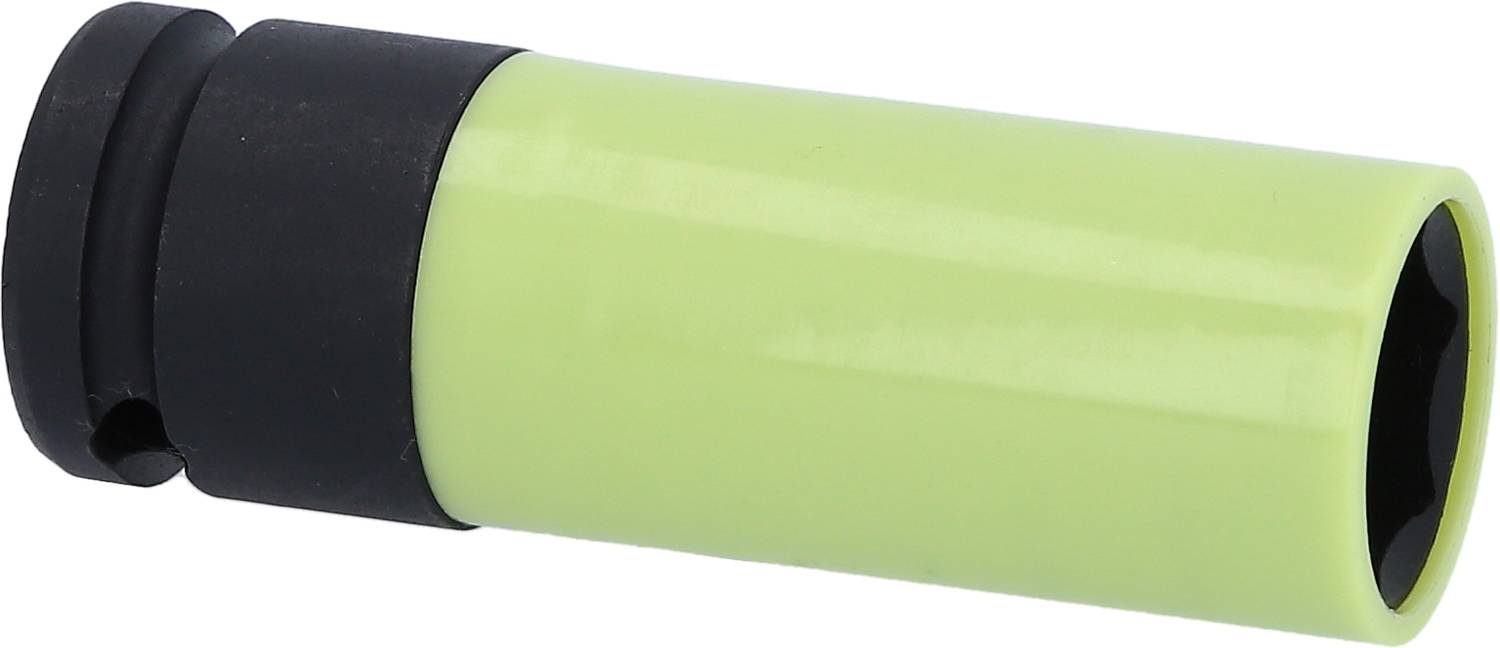 Zielony i czarny element metalowy, prawdopodobnie końcówka narzędziowa, o kształcie cylindrycznym.