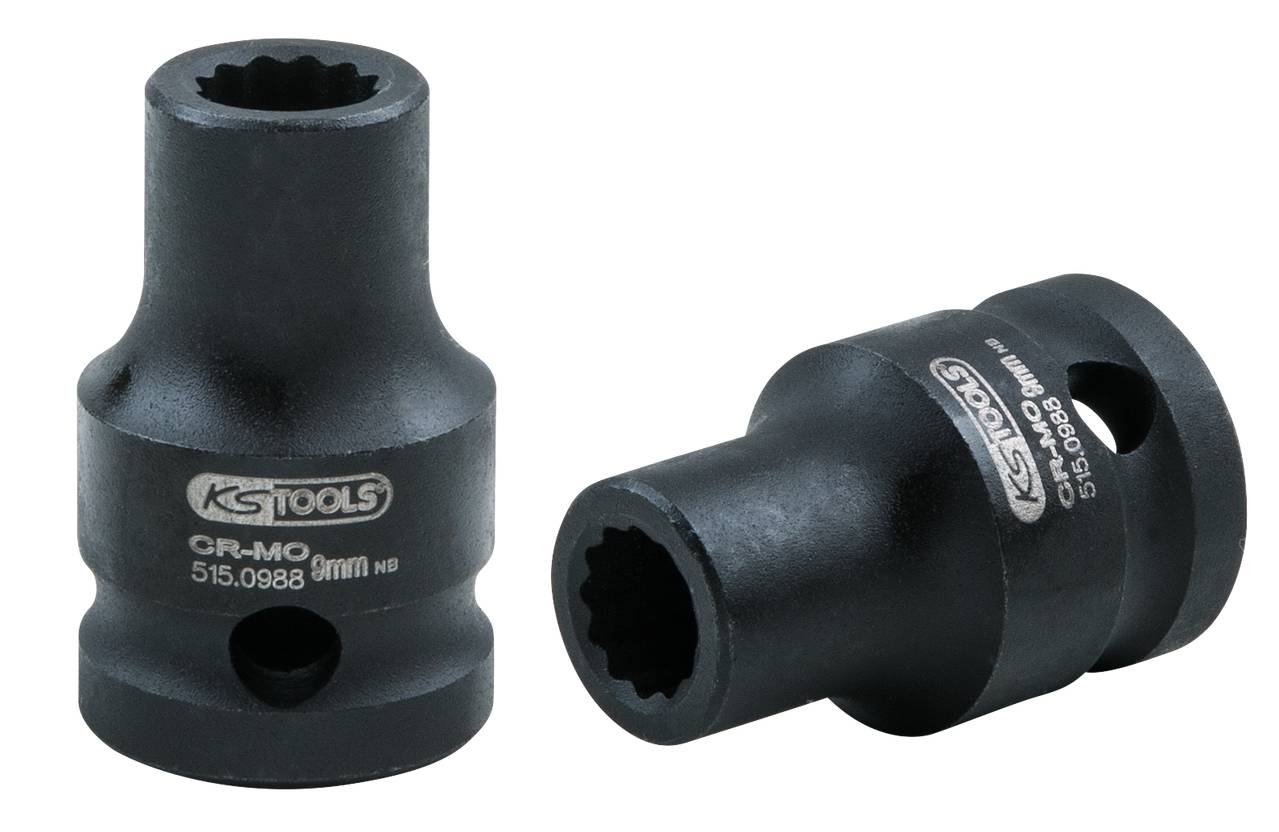 Dwie czarne metalowe nakrętki o rozmiarze 9 mm, oznaczone napisami 'KS TOOLS' i 'CR-MO'; odpowiednie do prac mechanicznych.