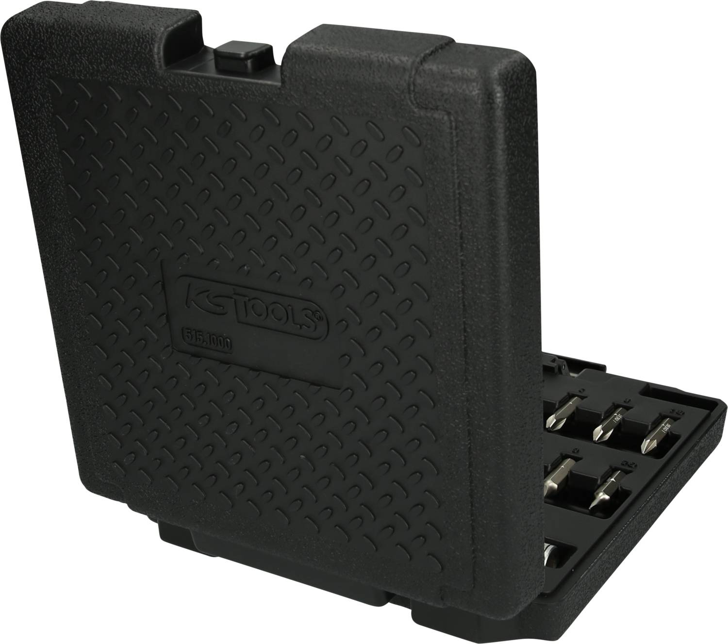 Czarny, plastikowy kufer narzędziowy, otwarty, prezentujący różne bity i akcesoria narzędziowe w środku.