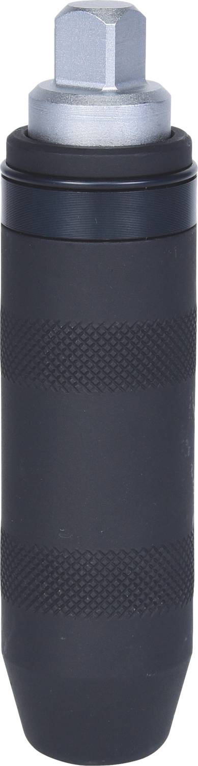 Czarny, cylindryczny uchwyt z srebrnym, sześciokątnym złączem u góry, prawdopodobnie do użytku narzędziowego.