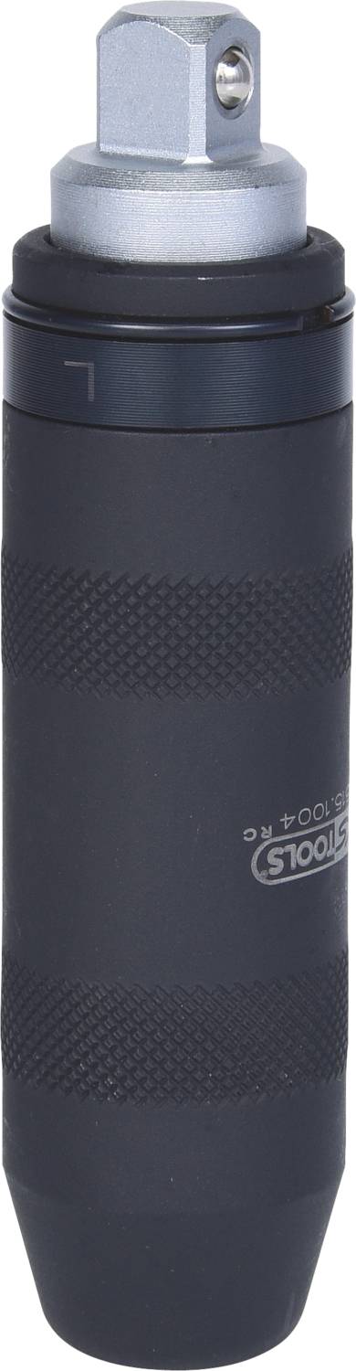 Czarny, cylindryczny element narzędziowy z metalowym wykończeniem, prawdopodobnie adapter klucza dynamometrycznego, sfotografowany na białym tle.