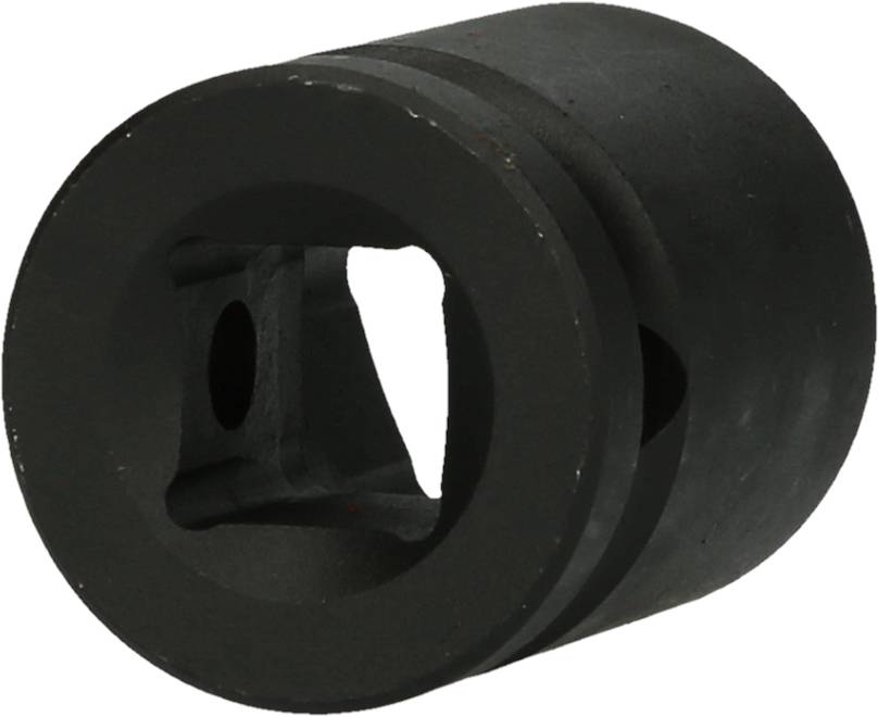 Czarny, cylindryczny adapter metalowy z kwadratową przestrzenią wewnętrzną i bocznym wcięciem, prawdopodobnie element maszyny.