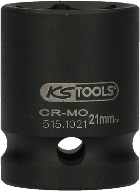 Nasadka 'KS Tools' ze stali CrMo, rozmiar 21 mm, numer modelu 515.1021. Czarna, cylindryczna forma z logo producenta.