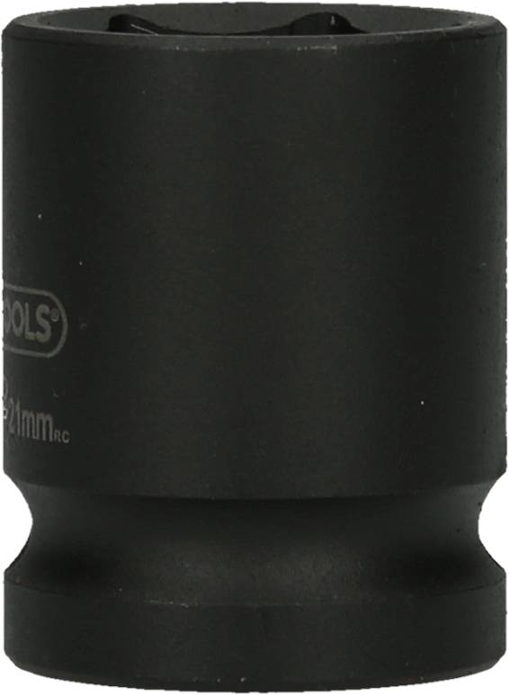 Czarna sześciokątna nasadka o rozmiarze 21 mm, stosowana do prac śrubowych, kompatybilna z grzechotkami lub kluczami.