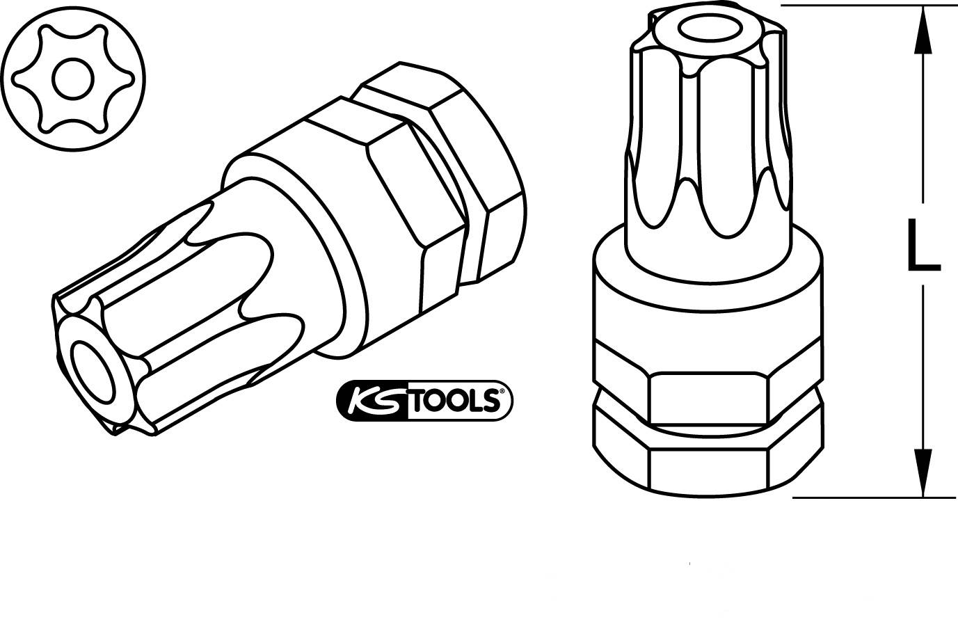 Ilustracja wielowrzecionowego klucza nasadowego firmy KS Tools. Zawiera widok z boku oraz widok z góry z oznaczeniem wymiaru 'L'.