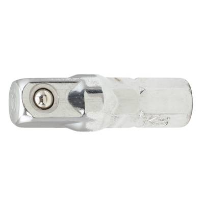 Chromowany adapter klucza nasadowego z kwadratowym otworem i kulistym łożyskiem po stronie, przeznaczony do prac śrubowych.