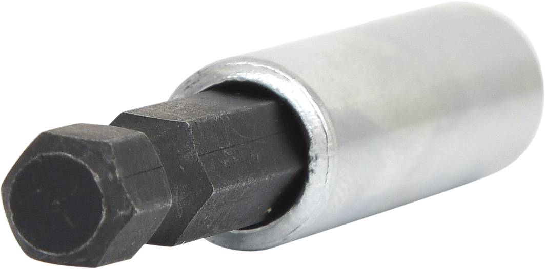 Srebrny klucz nasadowy z czarnym gniazdem sześciokątnym, przeznaczony do stosowania z odpowiednimi śrubami.
