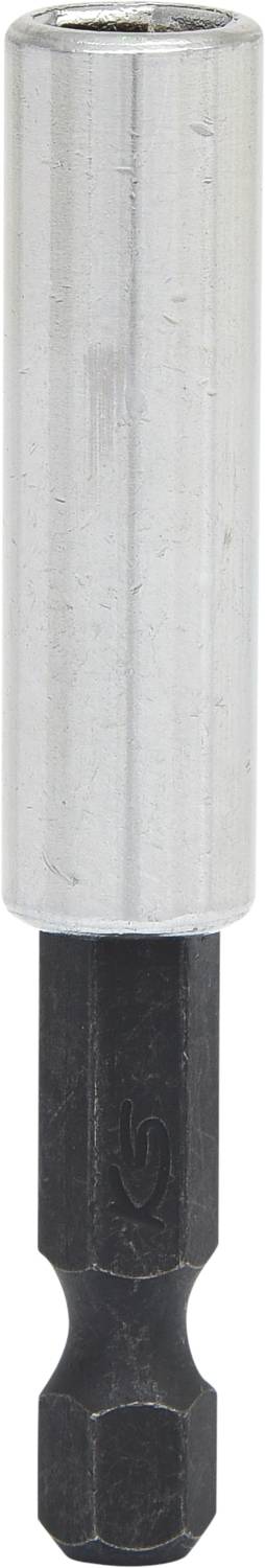 Metalowy uchwyt na bity o cylindrycznym kształcie. Górna część srebrna, dolna część ciemna. Przeznaczony do mocowania bitów wkrętakowych lub wiertarskich.
