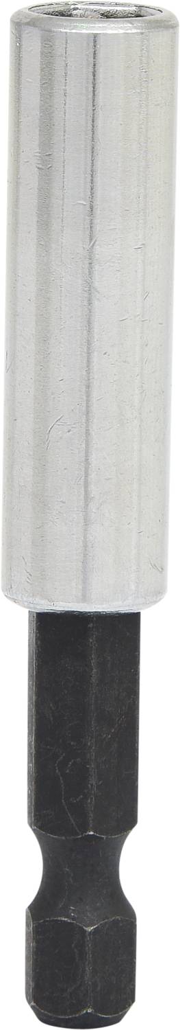 Adapter do wiertła metalowy, górna część cylindryczna w kolorze srebrnym, dolny trzpień sześciokątny w kolorze czarnym.