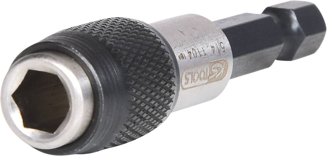 Zbliżenie metalowego uchwytu magnetycznego do bitów z rowkowanym uchwytem, używanego do bezpiecznego trzymania końcówek w wiertarce.