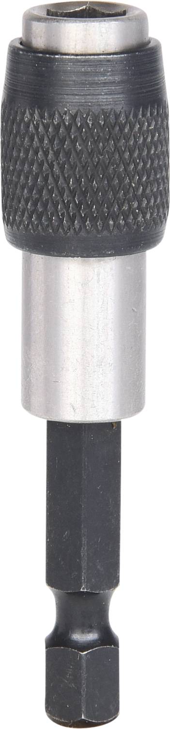 Metalowy uchwyt magnetyczny do bitów z powierzchnią strukturalną zapewniającą antypoślizgowy chwyt oraz sześciokątnym trzpieniem.