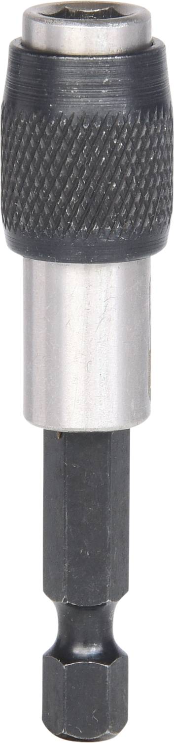 Metalowy adapter bitów z karbowanym uchwytem. Stosowany głównie do mocowania i wymiany grotów wkrętarskich podczas prac budowlanych i naprawczych.