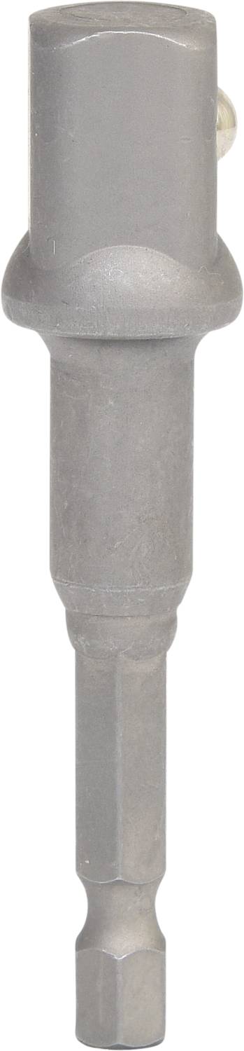 Adapter metalowy z sześciokątnym trzpieniem i zakończeniem w kształcie kuli. Często stosowany jako element łączący w wkładkach narzędziowych.