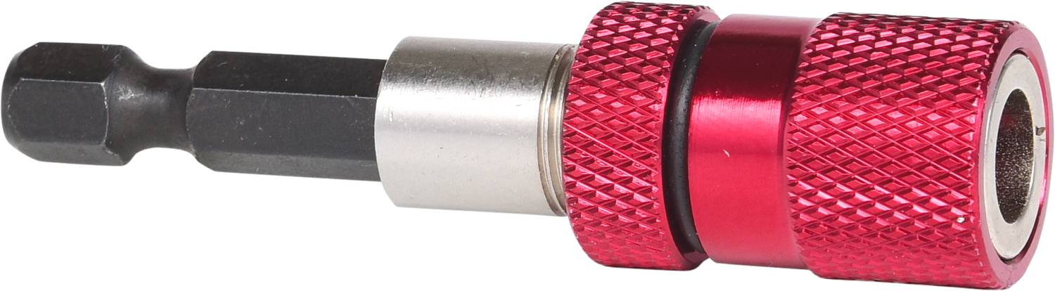 Czerwono-srebrny uchwyt do bitów z magnetycznym sześciokątnym chwytem i żebrowaną powierzchnią dla lepszego uchwytu.