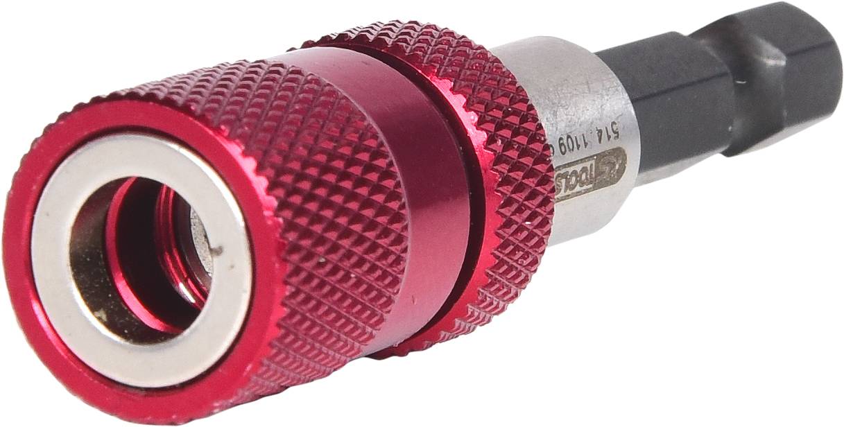 Czerwono-srebrny magnetyczny uchwyt na bity o strukturowanej powierzchni leży pod skosem.