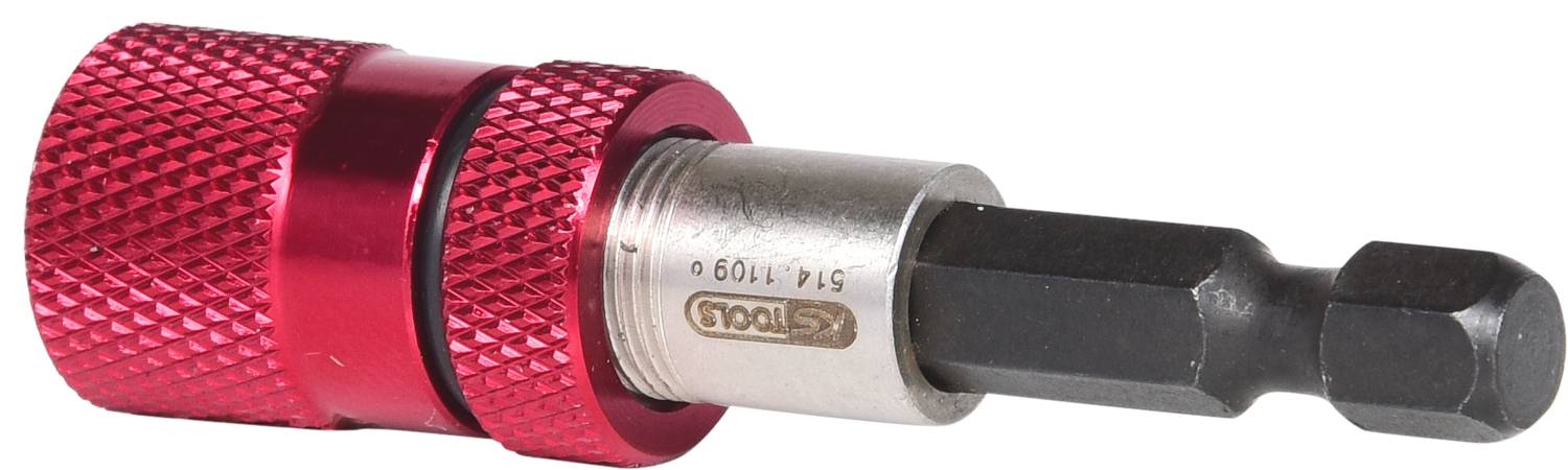 Czerwony uchwyt do bitów z wyprofilowanym metalowym uchwytem. Wyposażony w magnetyczny sześciokątny uchwyt do końcówek wkrętarskich.