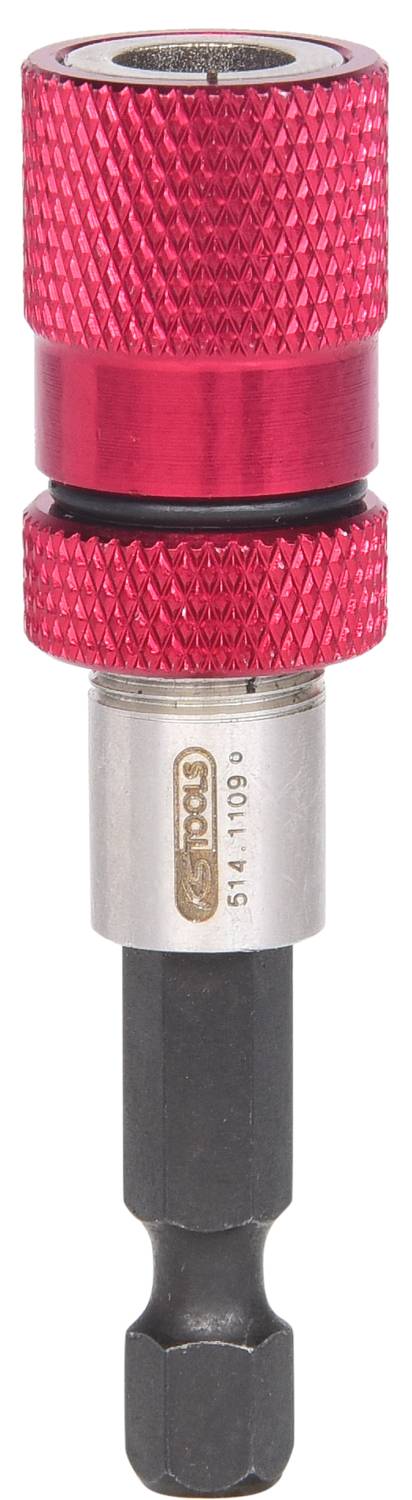 Magnetyczny uchwyt na bity z czerwonym, strukturowanym uchwytem i srebrnym trzpieniem, odpowiedni do zastosowań w narzędziach elektrycznych i ręcznych.