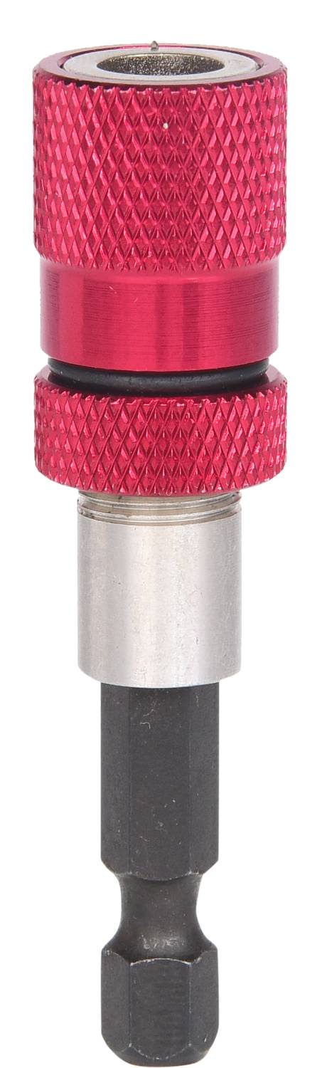 Czerwony magnetyczny uchwyt na bity z czarnym trzpieniem i srebrną nasadką, przeznaczony do stosowania w elektronarzędziach elektrycznych.