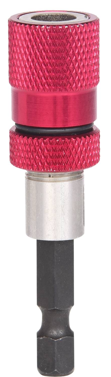 Czerwony magnetyczny uchwyt na bity z rowkowaną powierzchnią dla pewnego chwytu.