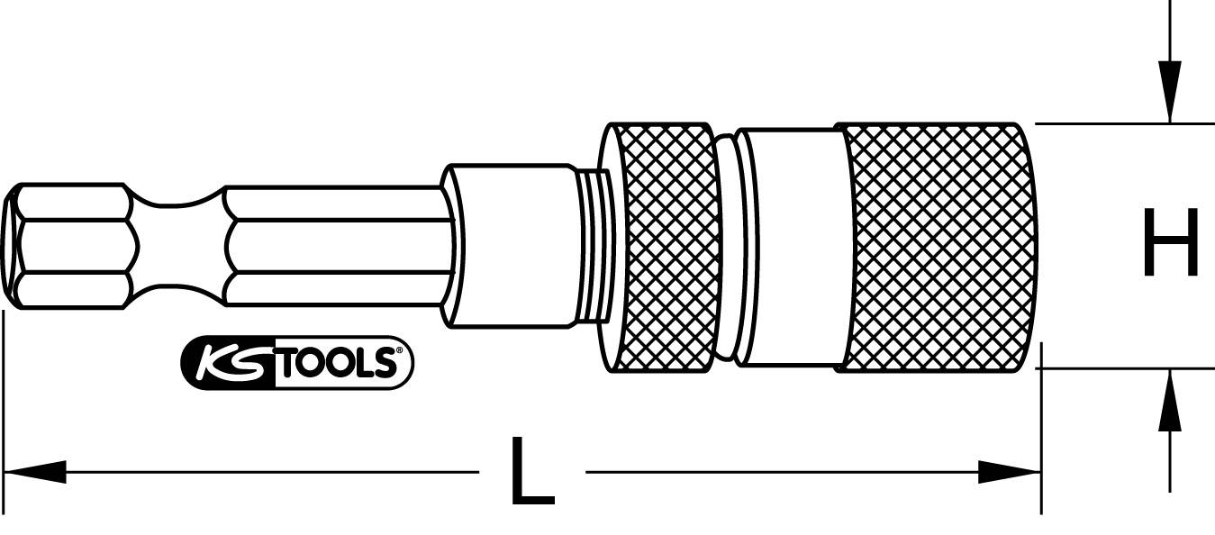 Rysunek techniczny uchwytu klucza sześciokątnego firmy 'KS TOOLS' z zaznaczonymi wymiarami L i H, przedstawiony w szczegółach.
