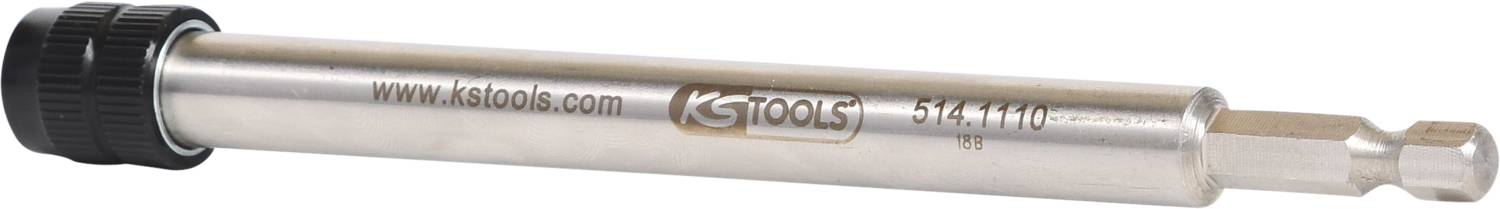 Metalowy bit wkrętaka z sześciokątnym zakończeniem i czarną nasadką. Oznaczony logo 'ks tools'.