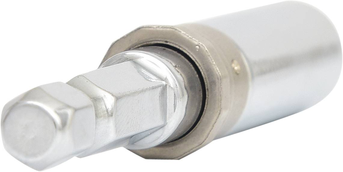 Srebrny adapter klucza nasadowego, stosowany do łączenia narzędzi, sfotografowany z bliska.