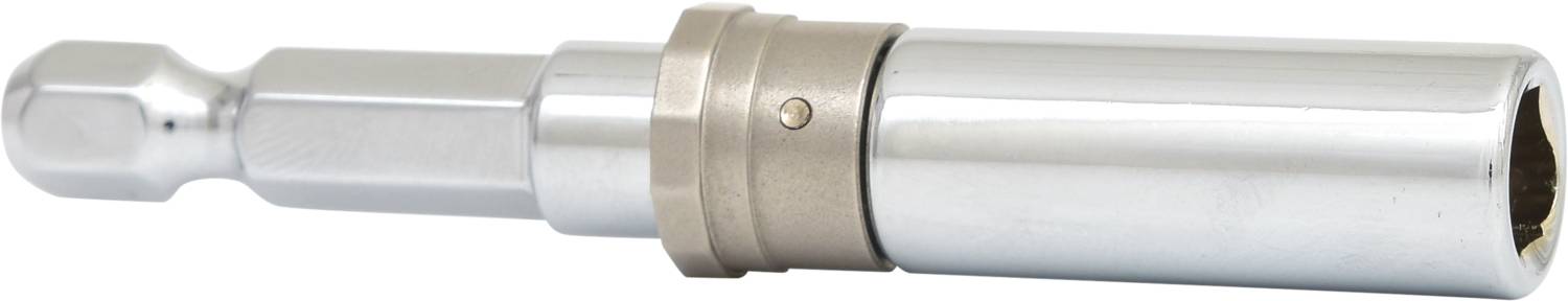 Adapter do wiercenia z metalu, w kolorze srebrnym, o kształcie cylindrycznym. Łączy wiertło z różnymi nasadkami.