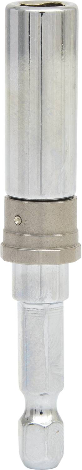 Metalowy uchwyt bitów do narzędzi, cylindryczny, z dolnym segmentem przeznaczonym do zamocowania w ręcznej wiertarce.