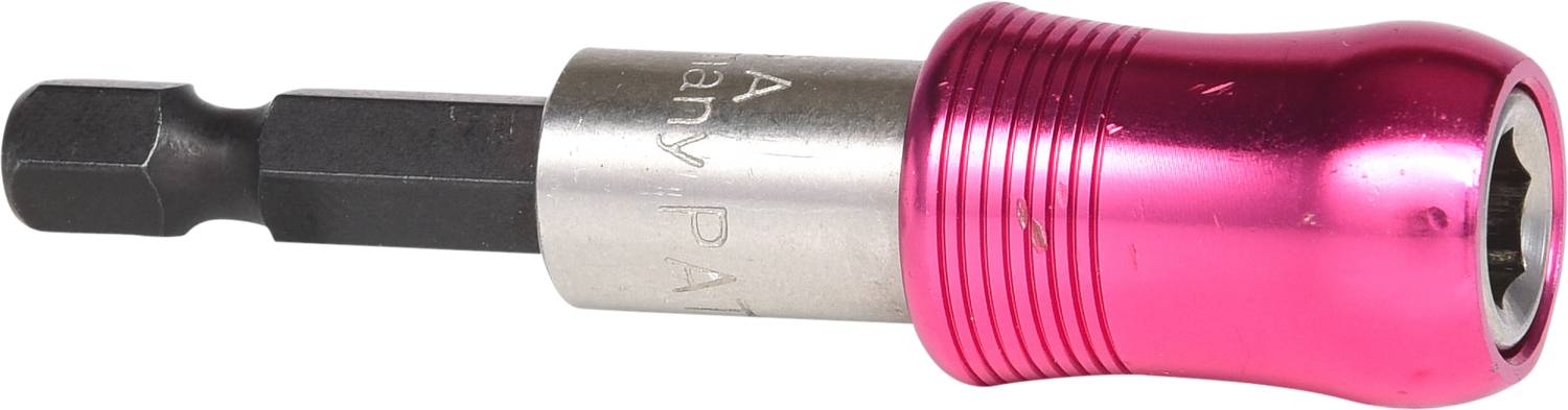 Różowy wkrętak z srebrnym uchwytem i sześciokątnym zakończeniem leży na białej powierzchni.