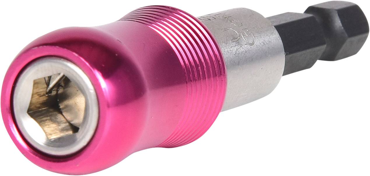 Metalowy, magnetyczny uchwyt na bity w różowej osłonie z sześciokątnym gniazdem do mocowania lub zdejmowania wkrętaków.