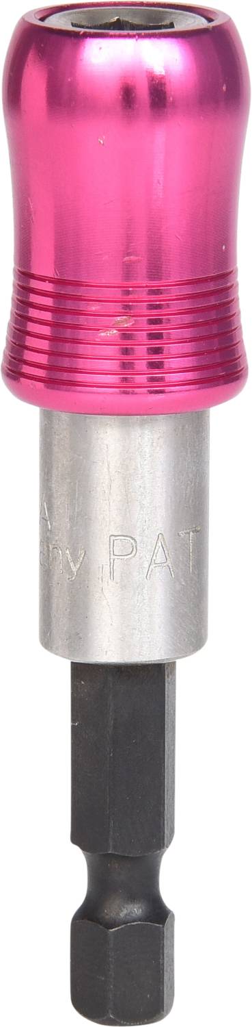 Magnetyczny uchwyt na bity z różowym uchwytem i sześciokątnym trzpieniem, przeznaczony do mocowania bitów śrubowych w uchwycie wiertarskim.