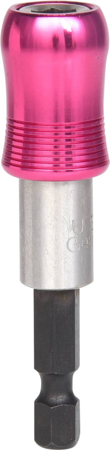 Metalowy uchwyt na bity z różowym, ryflowanym uchwytem i srebrnym trzpieniem, przeznaczony do bitów wkrętakowych.