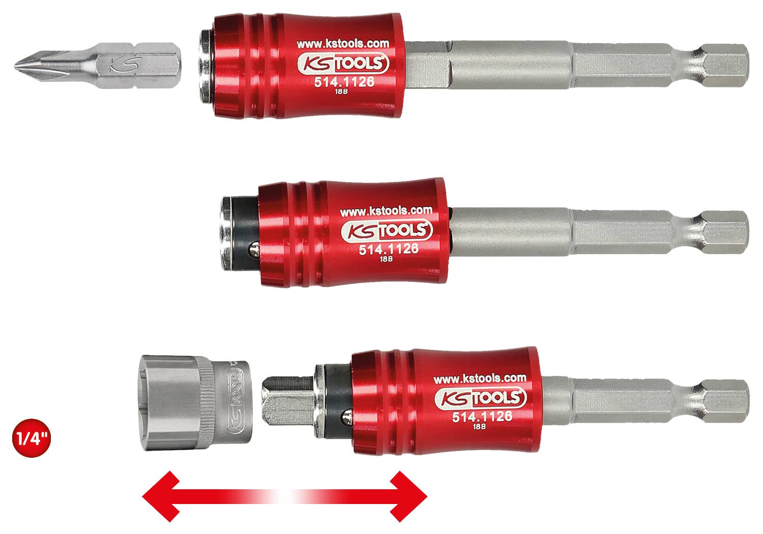 'Trzy czerwone adaptery wtykowe z oznaczeniem "KS Tools", które łączą różne narzędzia ze śrubokrętem lub wiertarką.'