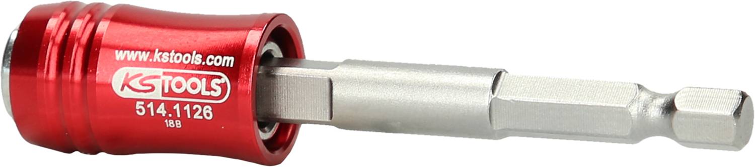 Czerwony adapter bitowy firmy KS Tools z mechanizmem mocującym, przeznaczony do prac śrubowych, sfotografowany na białym tle.