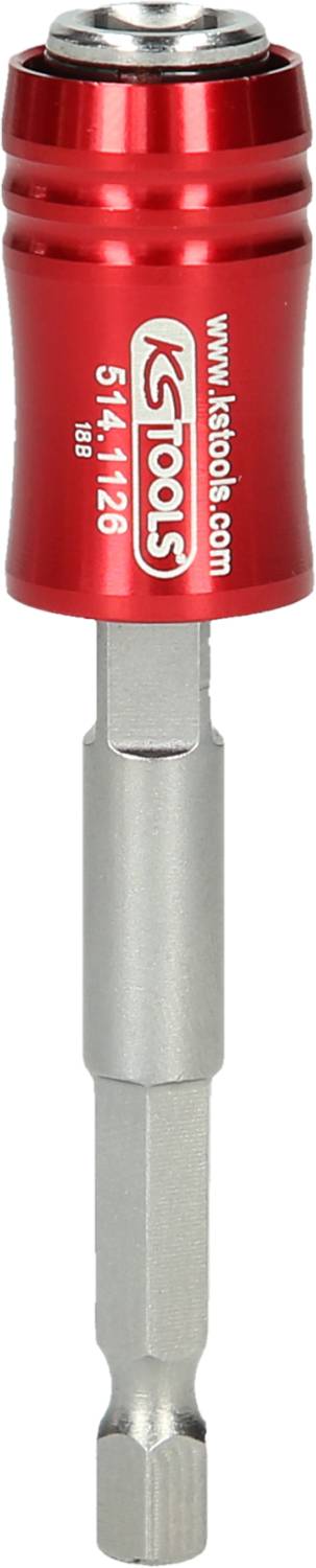Czerwony magnetyczny uchwyt na bity marki 'KS Tools' z szarym trzonkiem, przeznaczony do wkrętarek akumulatorowych, przedstawiony bez zamontowanego bitu.