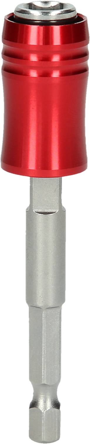 Czerwony magnetyczny uchwyt do bitów z srebrnym trzonkiem, używany do szybkiej wymiany grotów wkrętakowych.